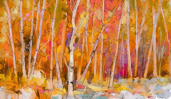 Oil painting colorful autumn trees. Semi abstract image of forest, aspen trees with yellow - red leaf.  Autumn, Fall season nature background. Hand Painted Impressionist, outdoor landscape
