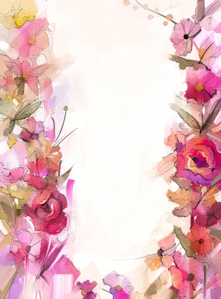 抽象カラフルな油 春の花のアクリル絵具 キャンバスに手描きブラシストローク 油絵具で背景のためのイラスト花 赤の色を持つ現代美術の絵画の花 — ストック写真