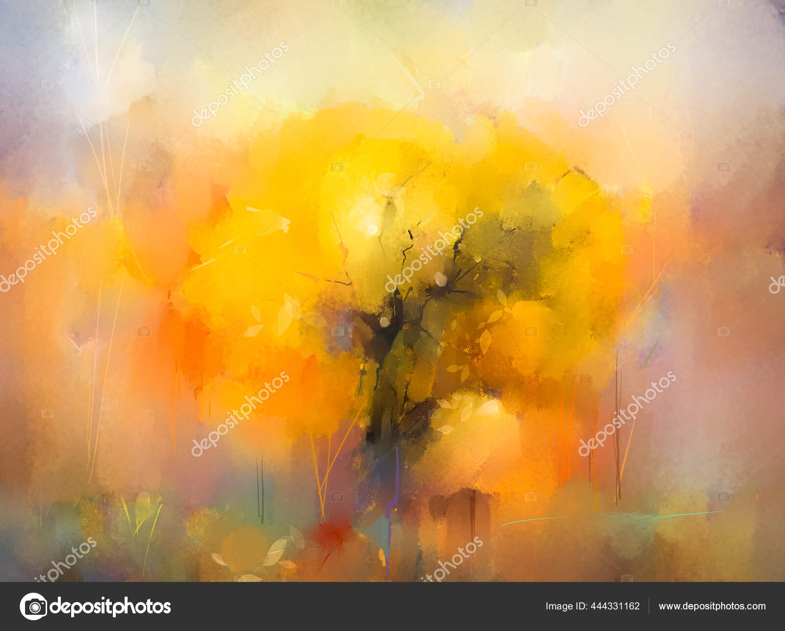 イラストカラフルな秋の森 秋の季節の抽象的な画像 木の黄色と赤の葉 フィールド 屋外の風景 油絵具で自然絵画 壁紙の背景のための現代美術 ストック写真 C Nongkran Ch