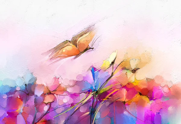 Absztrakt Színes Olaj Akril Festmény Pillangó Repül Tavaszi Virág Illusztráció — Stock Fotó
