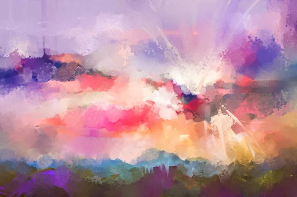アブストラクト油絵の風景 半抽象的 カラフルな青紫色の雲と空に太陽 キャンバスに油絵具で夏や春の季節のイラストの性質 背景のための印象派美術 — ストック写真