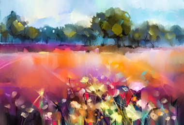 Soyut yağlı boya tablo manzarası. Renkli mavi mor gökyüzü. Yağlı boya, tuvalin üzerinde. Yarı soyut ağaç, tarla, yaz çayırı. Çizim manzarası, arka plan için çağdaş sanat