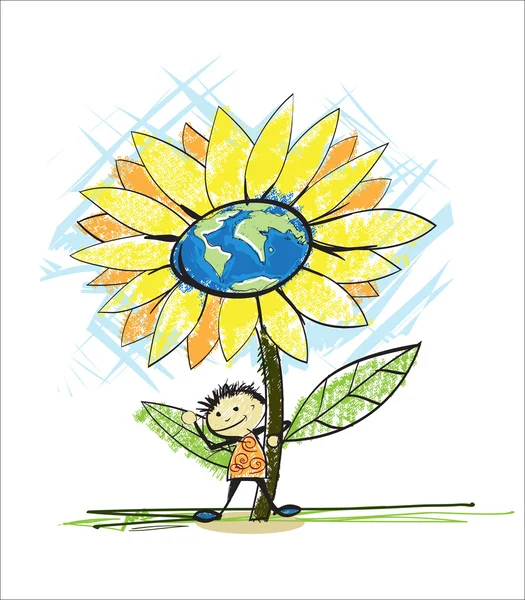 Kid with flower. Save the world concept — Stock Vector