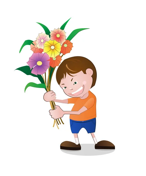 Illustration d'un garçon tenant des fleurs . — Image vectorielle