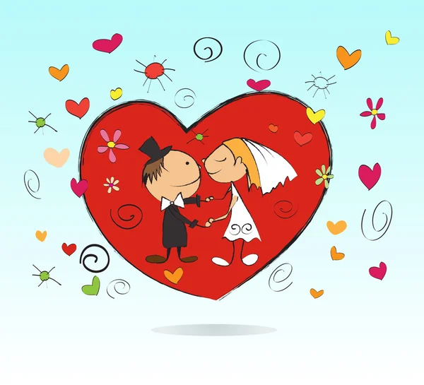 Marriage  with cartoon groom and bride.Vector illustration of wedding kiss — Stock Vector