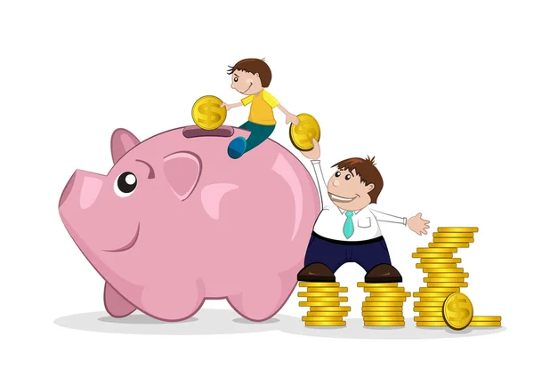 Father and son putting pennies in piggy bank. — Stock Vector