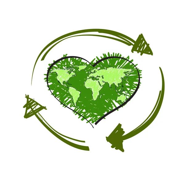 Green map world in shape of heart and Recycle Symbol — Stock Vector