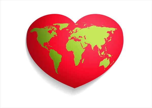 Mappa Verde mondo. Cuore rosso globo . — Vettoriale Stock