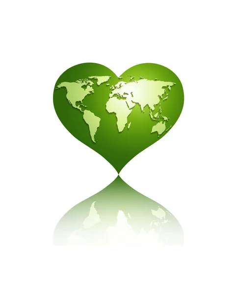 Carte du monde blanche sur globe de coeur vert . — Image vectorielle