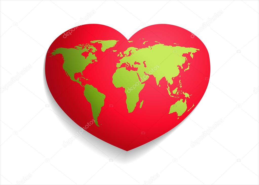 Green Map world .Red heart globe.