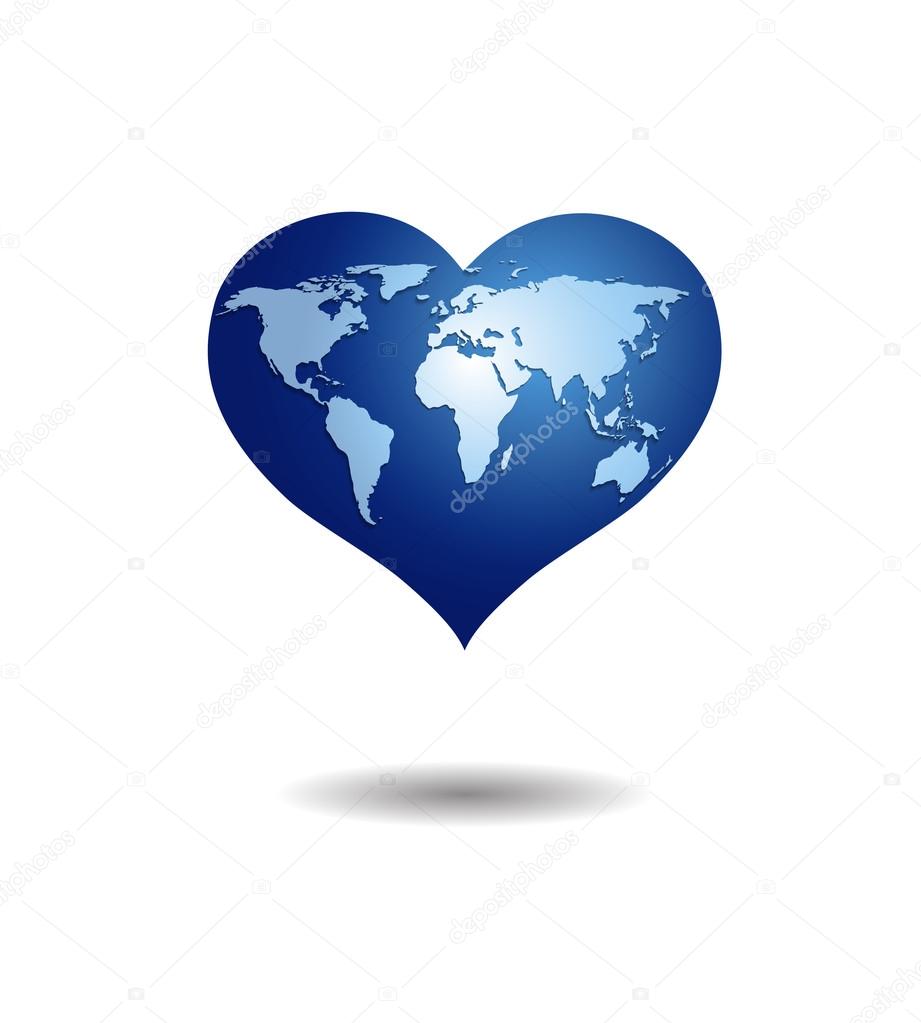 White world map on blue heart globe.