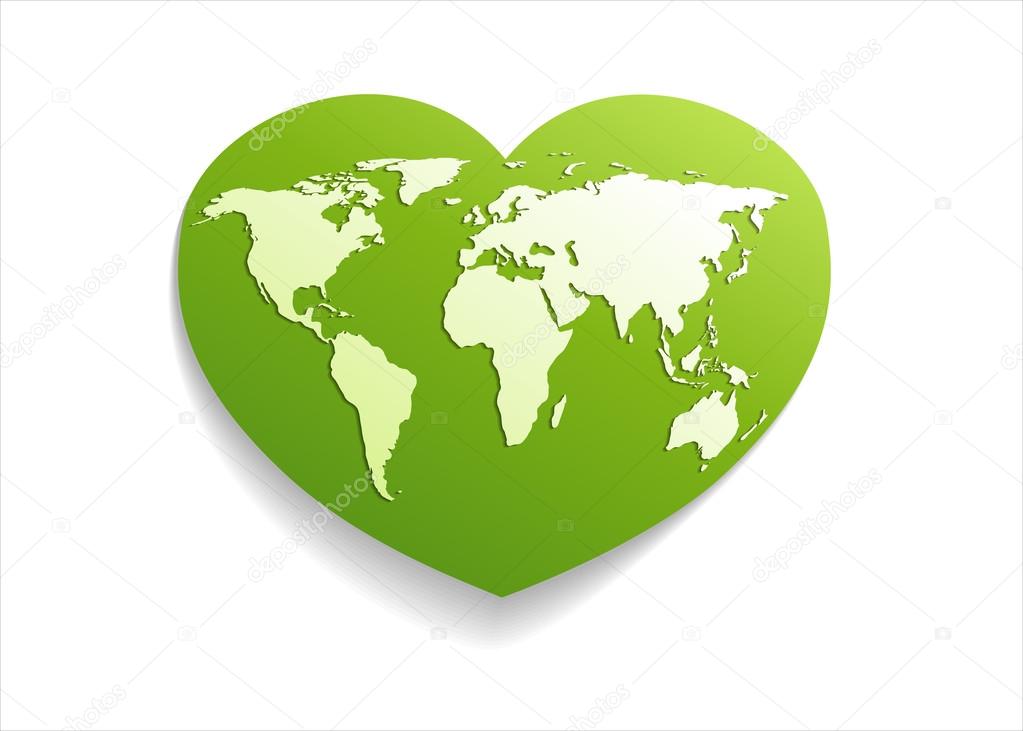 White world map on green heart globe.