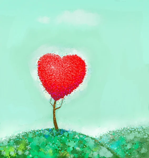 Træ med rødt hjerte. Maleri - Stock-foto
