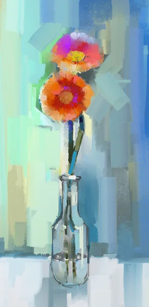 Skleněná váza s kytičkami gerber. Olejomalba — Stock fotografie