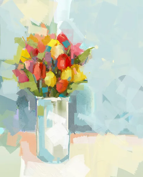 Vase with still life a bouquet of flowers. Oil painting — Stock Photo, Image