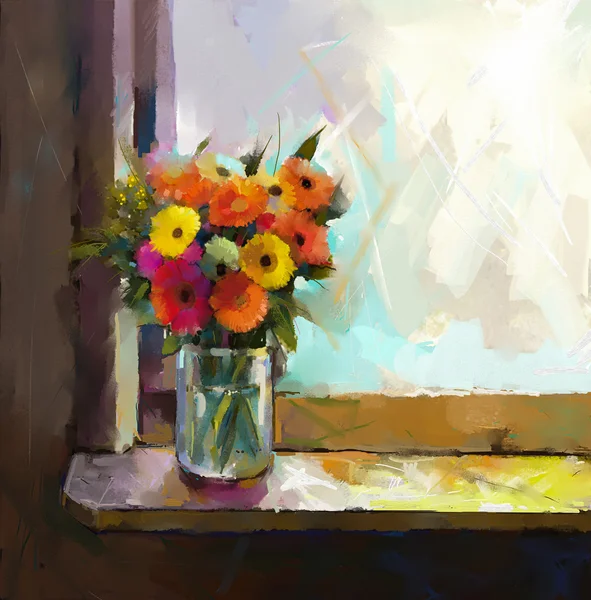 ガーベラの花。抽象的な花の油絵。花束の花の花瓶の静物 — ストック写真