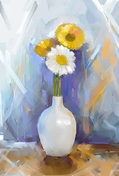 Gerbera blomma. Oljemålning abstrakt blomma. Stilleben av en vas med en bukett blommor — Stockfoto