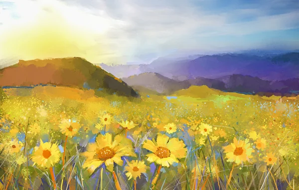 Flor de margarita. Pintura al óleo de un paisaje rural al atardecer con un campo de margarita dorada —  Fotos de Stock