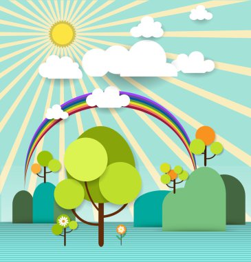 Sunshine-bulut ve tasarım alanı olan açık mavi renkli çiçekler soyut kağıt. Düz tasarım stili bahar kartı