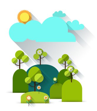 Kağıt ağaç bahar, bulut ve güneş. Tasarım alanı olan beyaz arka plan üzerinde düz tasarım stili