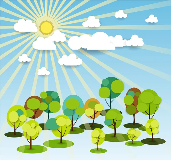 Χαρτί άνοιξη δέντρο με το φως του ήλιου. Επίπεδη σχεδίαση στυλ σε γαλάζιο φόντο — Διανυσματικό Αρχείο