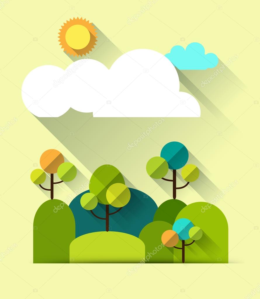 Paper spring tree and hills .Flat design style for spring card