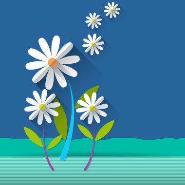 Kağıt çiçekler bahar arka plan. Tasarım alanı olan açık mavi renkli düz tasarım stil