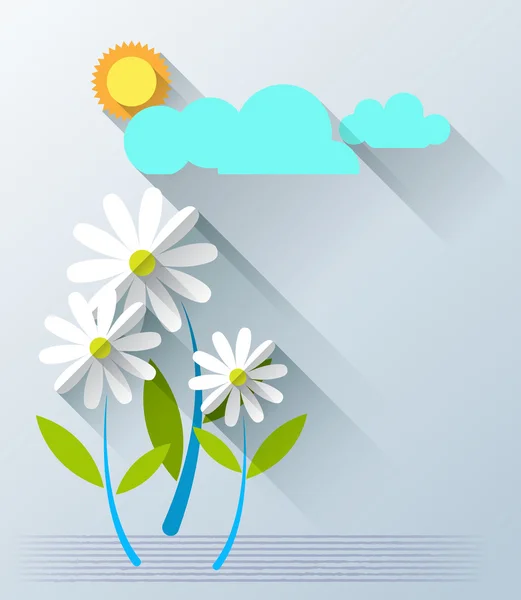 Kağıt çiçekler güneş ışığı ve bulut ile soyut — Stok Vektör