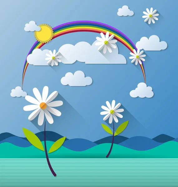 Papel abstracto con arco iris nube y flor sobre fondo azul claro — Vector de stock