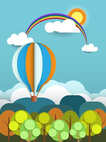 Abstracte papier met zon-rainbow-heuvel-cloud en ballon — Stockvector