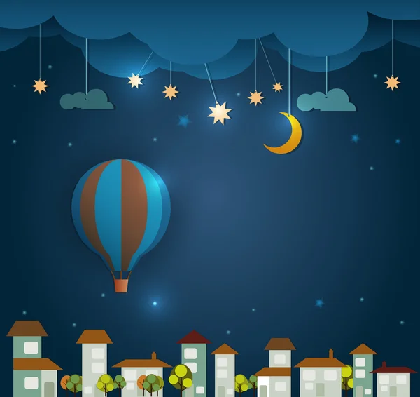Анотація паперу вирізати. Гаряча повітряна куля і місяць з зірками, хмара, будинок і небо на нічному тлі — стоковий вектор