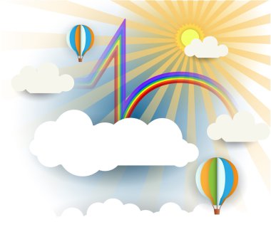 Güneş ışığı, bulut ve tasarım alanı olan açık mavi renkli balon ile soyut kağıt kesme.