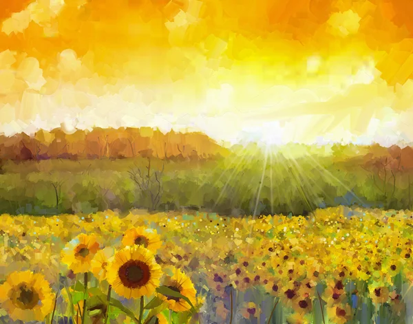 Girasole fiore blossom.Oil pittura di un paesaggio rurale tramonto — Foto Stock