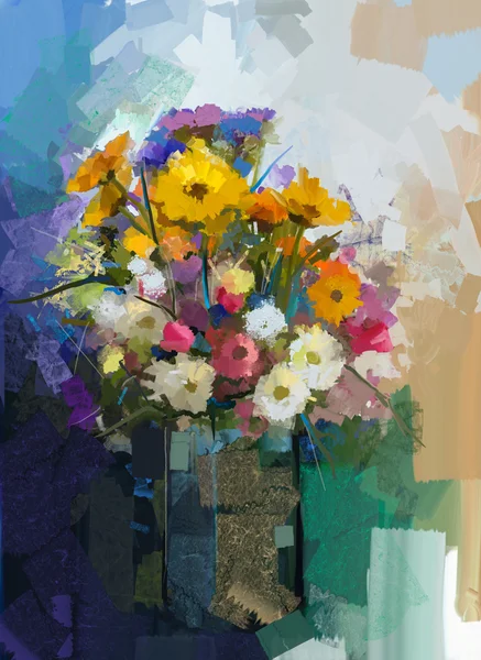 Váza s zátiší v kytici květin. Olejomalba — Stock fotografie