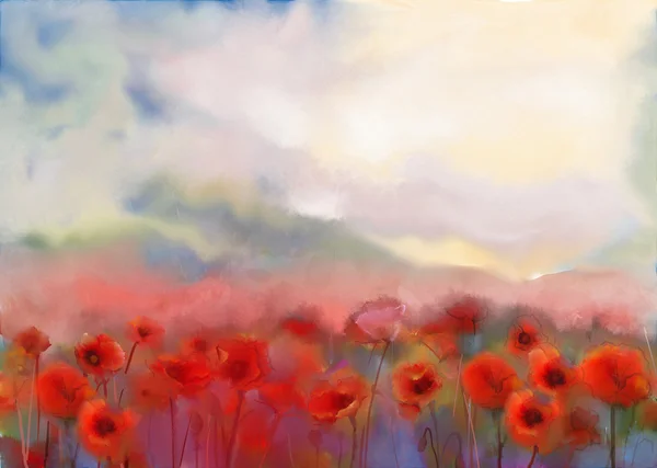 Red poppy flowers filed  watercolor painting — Stock Photo, Image