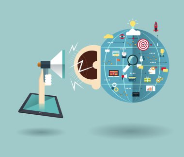 Vektör çizim-Tablet ve el megafon ile işadamı. Üzerinde reklam hattı