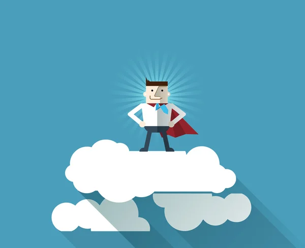 Γελοιογραφία Superhero επιχειρηματίας με μια κόκκινη κάπα στο σύννεφο — Διανυσματικό Αρχείο