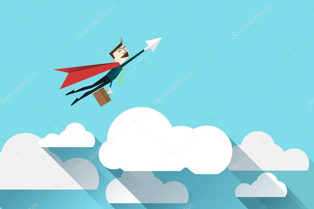 Cartoon businessman Superhero with a red cape on cloud
