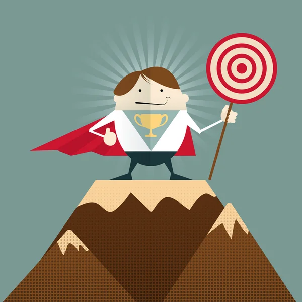 Σούπερ επιχειρηματίας που απεικονίζει χαρακτήρα στην κορυφή του βουνού. — Διανυσματικό Αρχείο