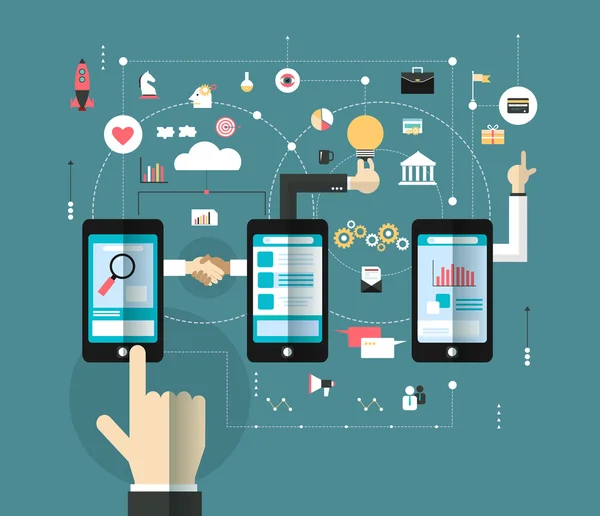 Hand des Geschäftsmannes verbindet den Online-Raum mit dem Smartphone — Stockvektor