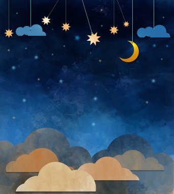 Sulu Boya doku kağıt üzerinde. Gece gökyüzü, bulut, ay ve s