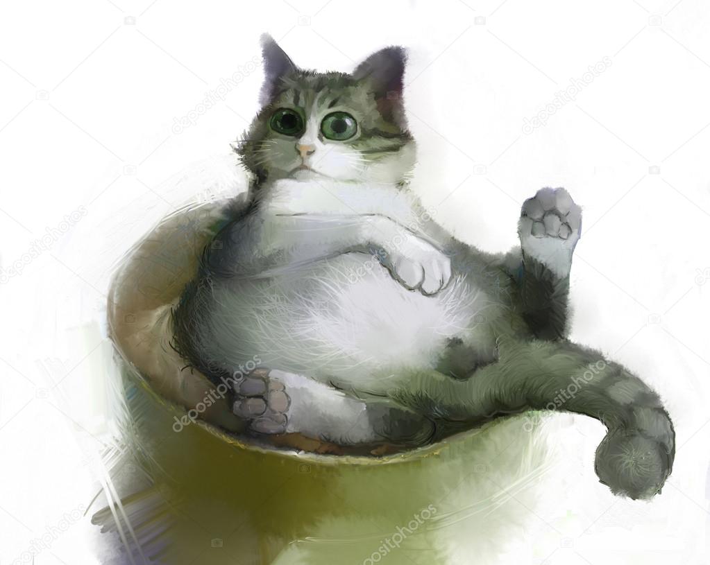 painting illustration of fat cat