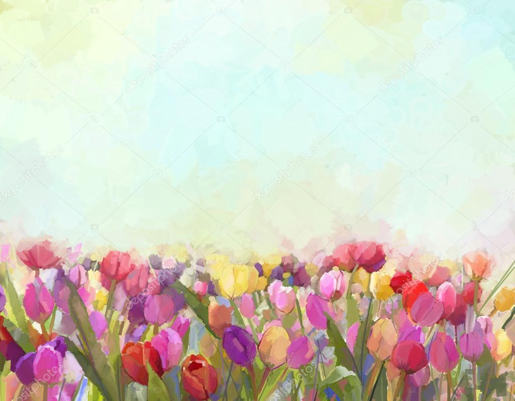 Oil painting Tulips  flowers in the meadows