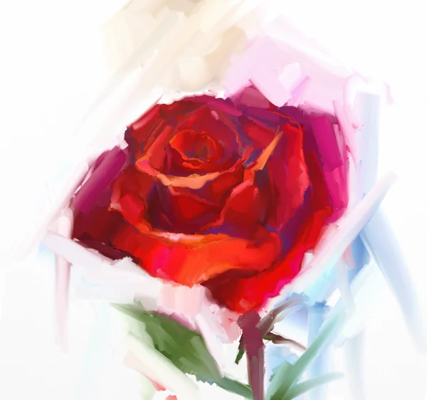 Flor de rosa roja abstracta con pintura al óleo de hoja verde —  Fotos de Stock
