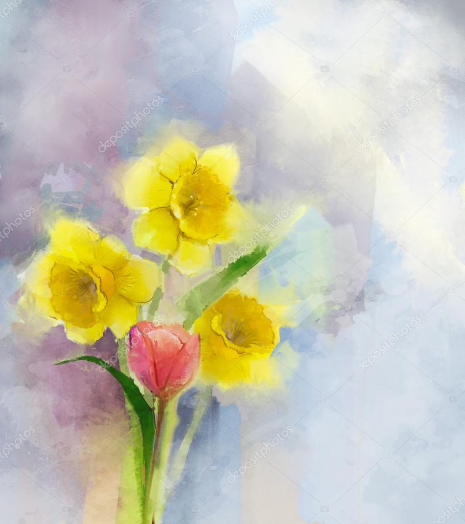 Oil painting tulip and daffodils flowers