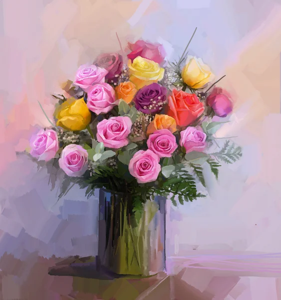 Still life a bouquet of flowers. Oil painting red and yellow rose flowers in vase — Stock Photo, Image