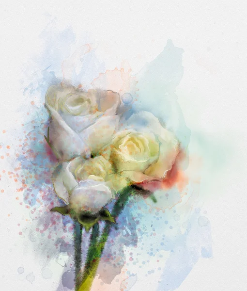 Pintura de flores. Rosas blancas florales en color pastel con fondo rosa claro y amarillo y estilo borroso —  Fotos de Stock