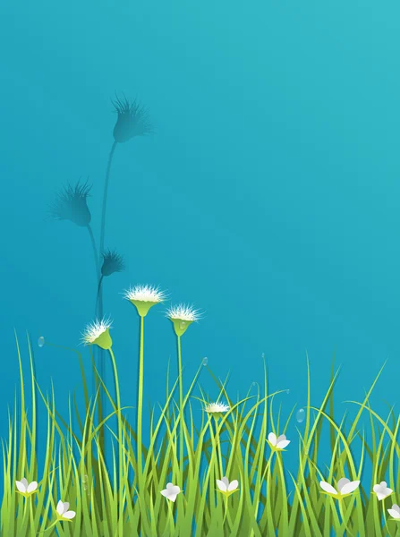 Hierba verde con poco fondo de flor blanca — Vector de stock