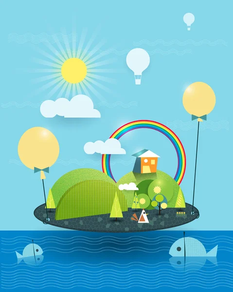 Vecteur d'illustration, Maison sur une île paisible, Soleil avec ciel bleu — Image vectorielle