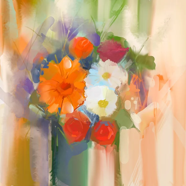 Obraz olejny daisy i róża kwiaty w wazon — Zdjęcie stockowe